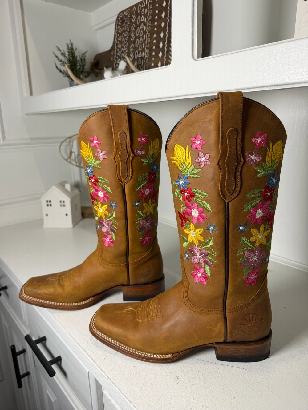 Alfa Womens 8.5 Brown Leather Floral Embroidered Cowboy Boots Mexico